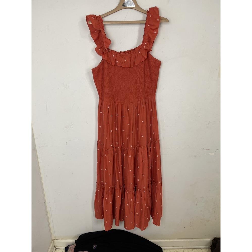 Old Navy Womens Dress Large Smocked Tiered Maxi Orange Cottage‎ Embroidered